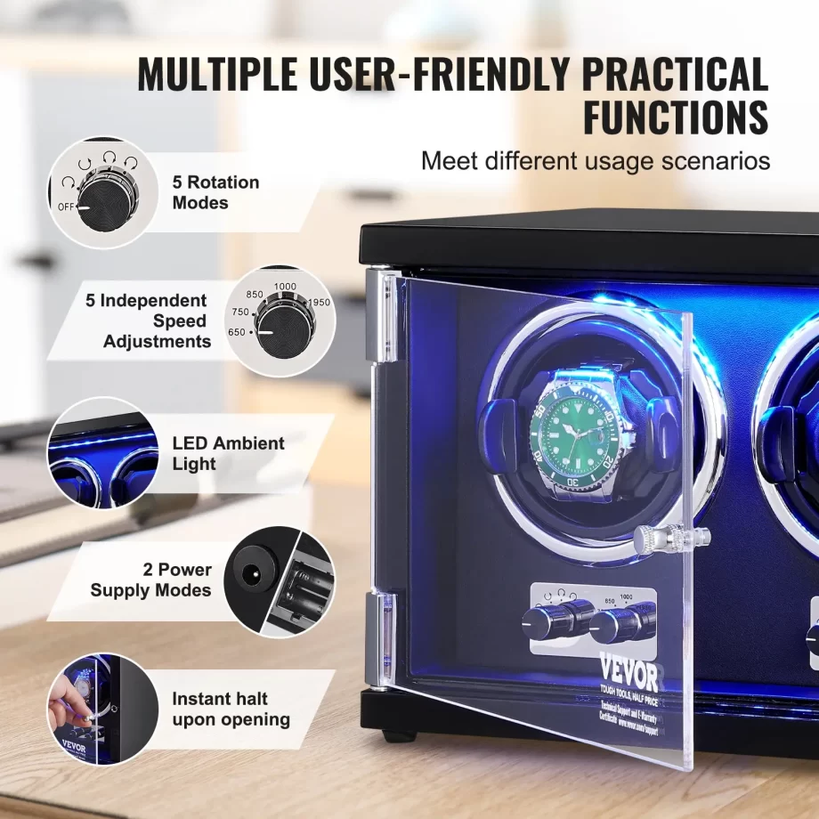 VEVOR Watch Winder, Dual Watch Winder for Men's and Women's Automatic Watch, with 2 Super Quiet Japanese Mabuchi Motors, Blue LED Light and Adapter, High-Density Board Shell and Black PU